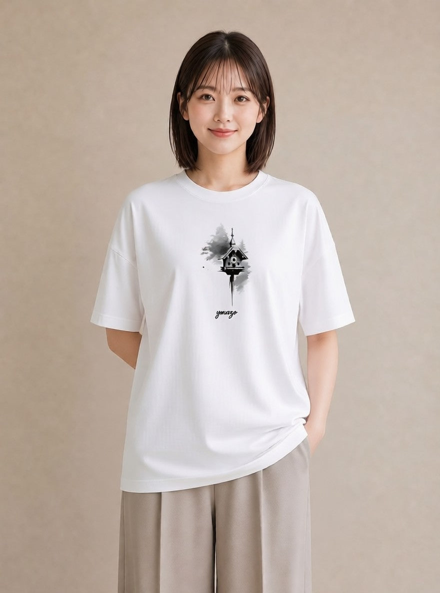 半袖Tシャツ レディース 遠い家と鳥 風景 鳥 ナチュラル アンティーク イラスト こなれ感 通勤 在宅 白T
