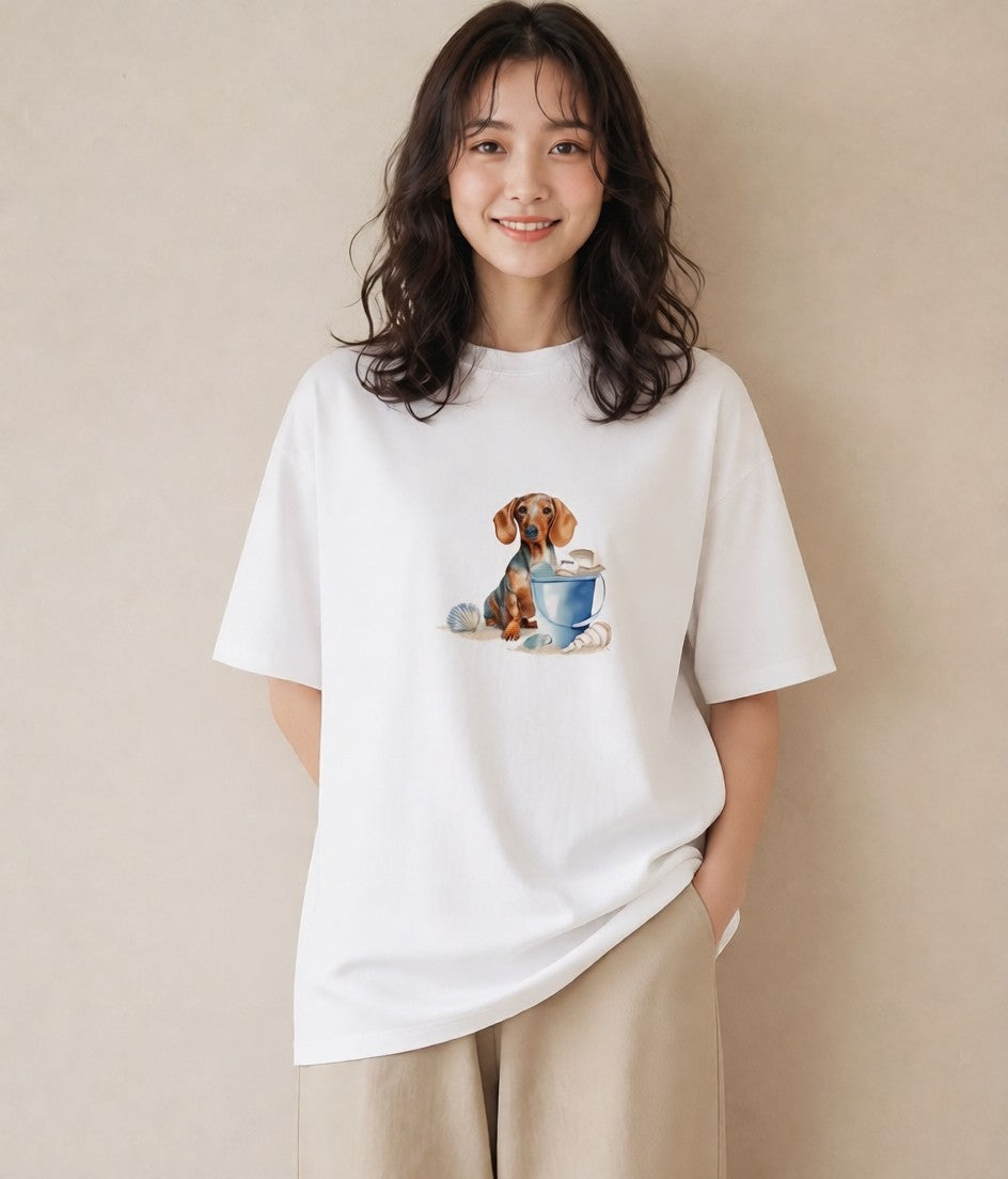 プリントTシャツ レディース ミニチュアダックスフンド 犬 いぬ イラスト 休日コーデ 夏コーデ 通学 白T