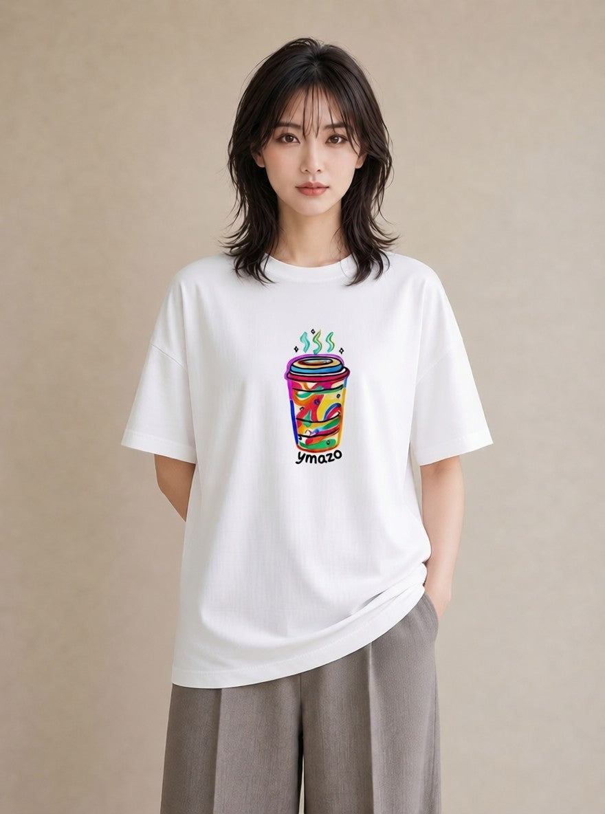 デザインTシャツ レディース カフェオレ 食べ物 フード イラスト カフェコーデ 週末コーデ 敬老の日 白T