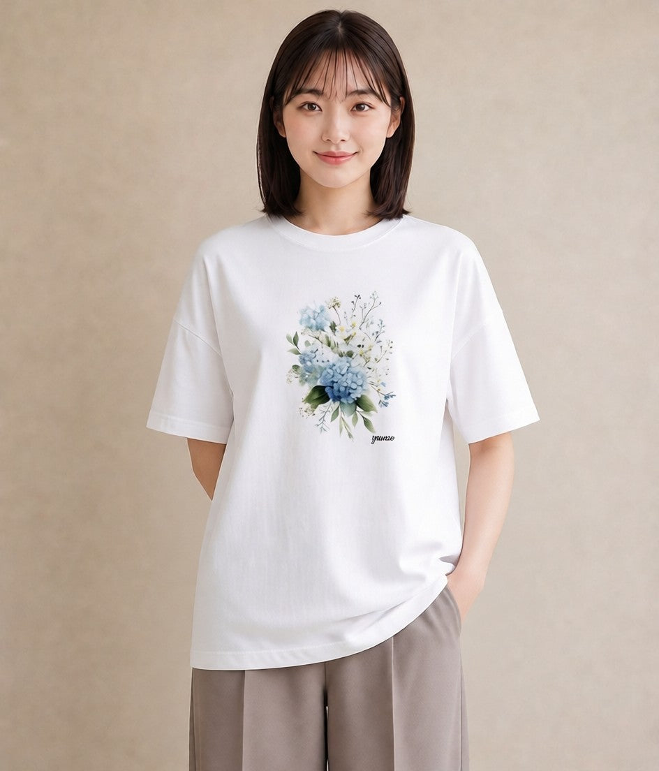 Tシャツ レディース あじさい 紫陽花 アジサイ 花 花柄 イラスト こなれ感 帰省 ラフ 白T