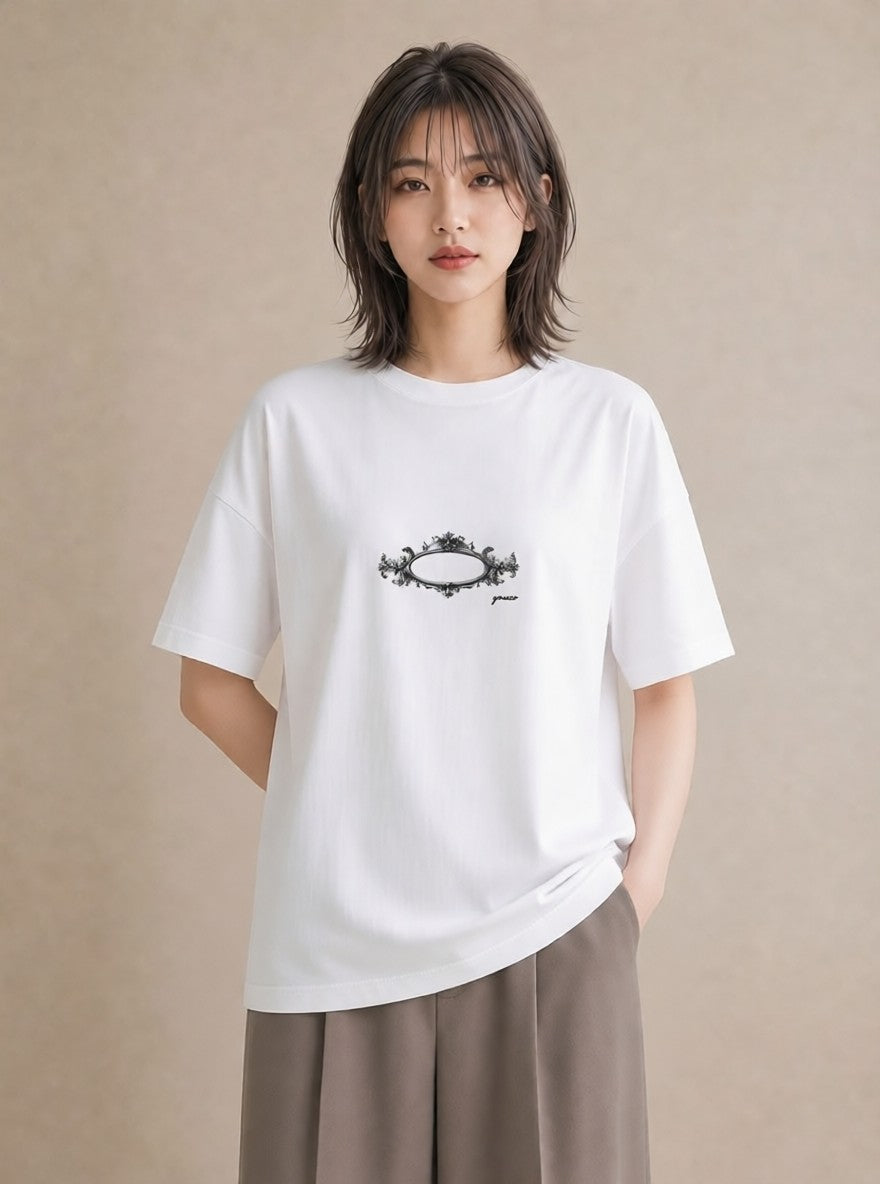 デザインTシャツ レディース 手鏡 アンティーク レトロ ナチュラル イラスト 手描き風 通学 誕生日プレゼント 白T