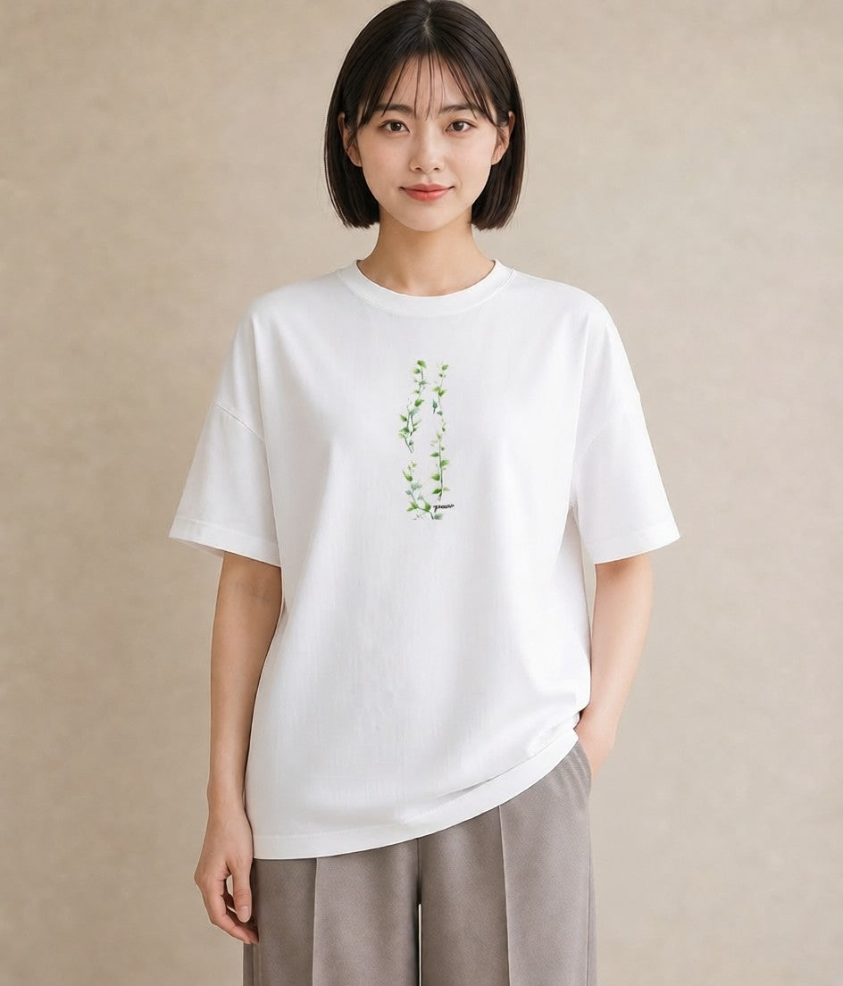 プリントTシャツ レディース 葉っぱ 植物 ボタニカル イラスト 韓国風 散歩 お出かけ 白T