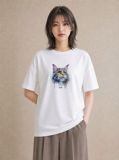 半袖Tシャツ レディース キジトラ 猫 ねこ イラスト 可愛い 通勤 在宅 白T