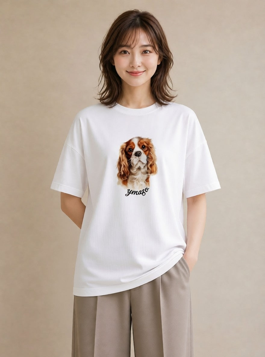 半袖Tシャツ レディース キャバリア 犬 いぬ イラスト ゆるかわ 帰省 ラフ 白T