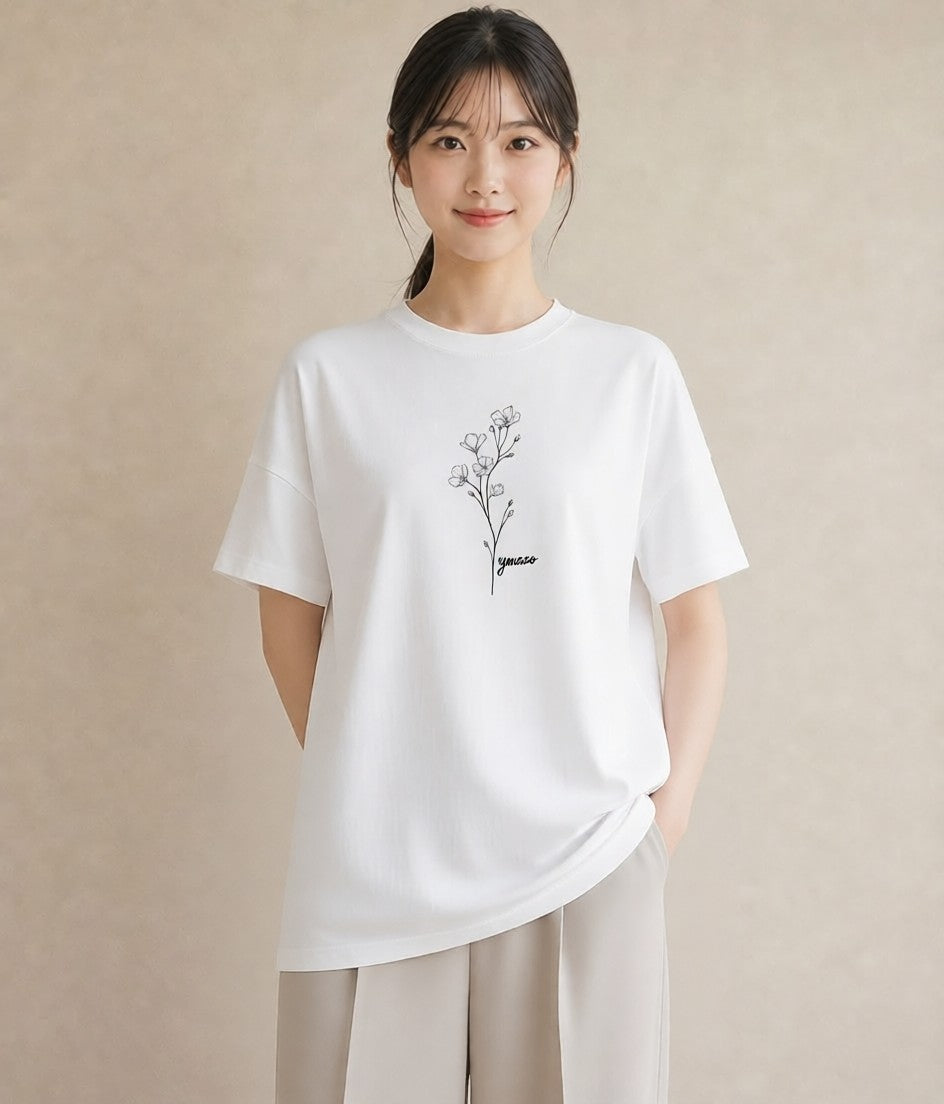 半袖Tシャツ レディース 小花 花 フラワー イラスト きれいめ ルームウェア ギフト 白T
