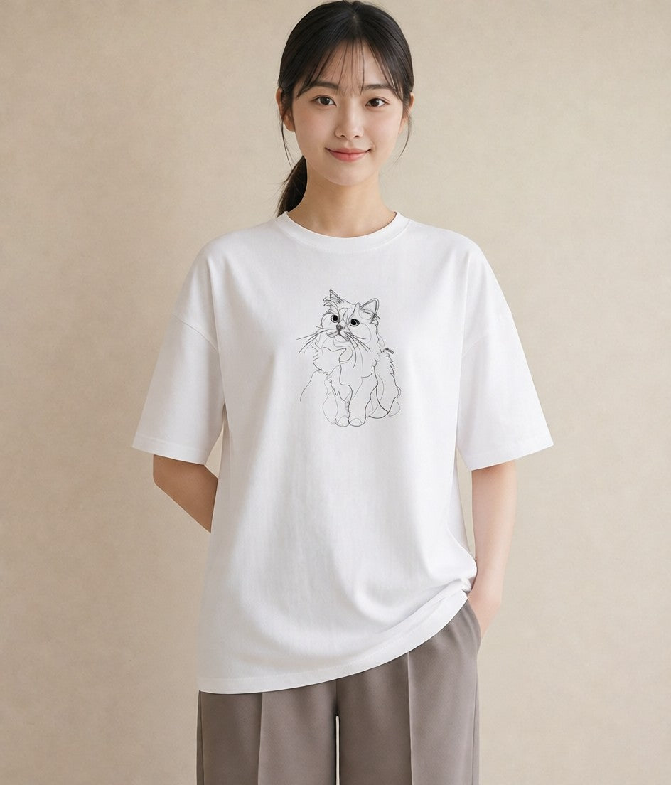 半袖Tシャツ レディース 猫 ねこ ネコ イラスト ポップ 買い物 夏コーデ 白T