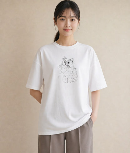 半袖Tシャツ レディース 猫 ねこ ネコ イラスト ポップ 買い物 夏コーデ 白T