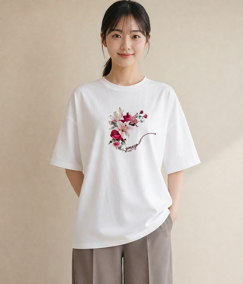 プリントTシャツ レディース ゆり 百合 花 花柄 イラスト レトロ 敬老の日 ホワイトデー 白T