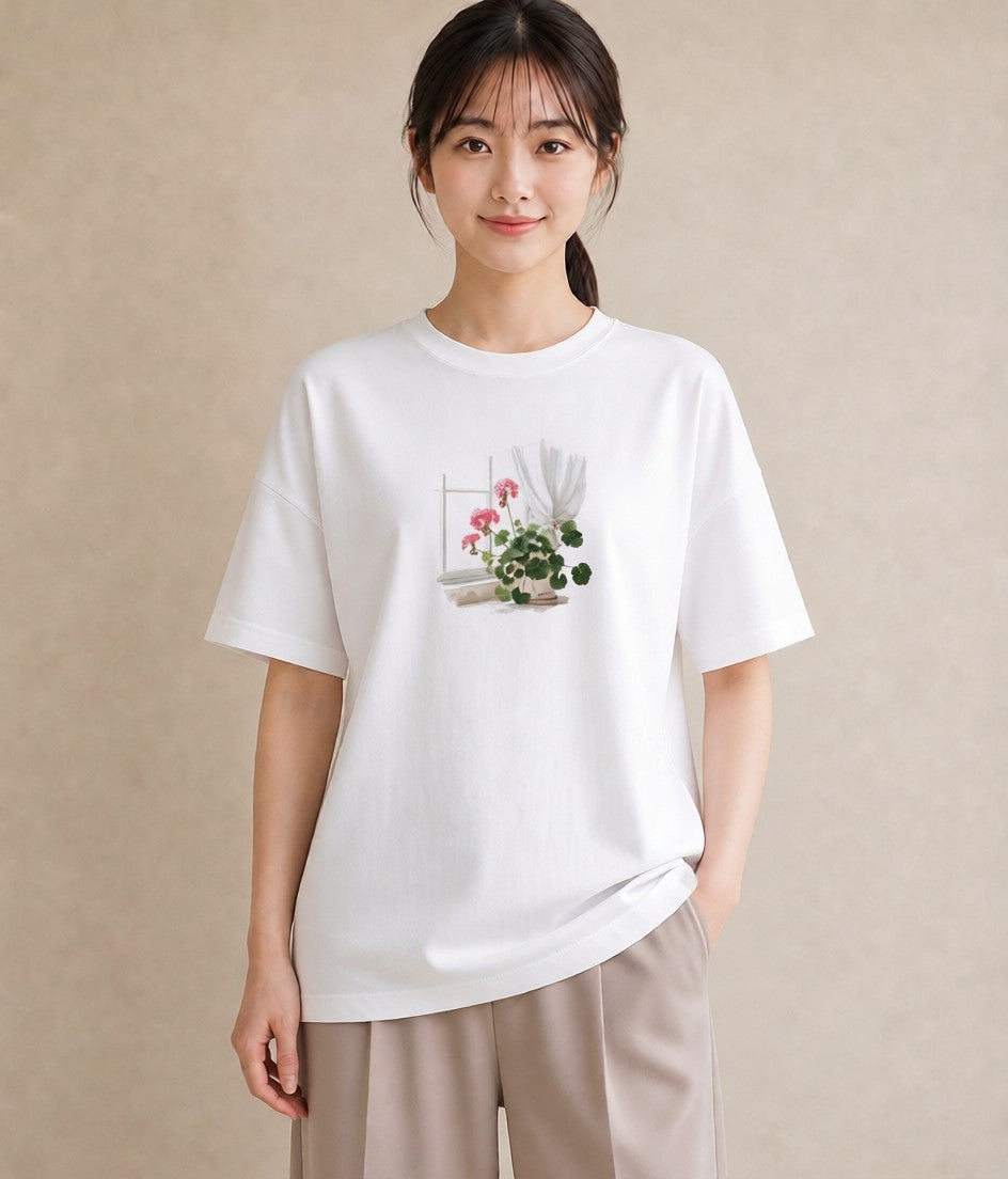 プリントTシャツ レディース 窓辺の雨 雨の日 窓 ナチュラル アンティーク イラスト 通勤 在宅 白T