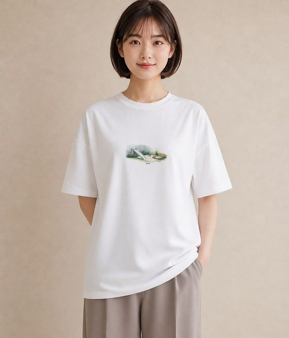半袖Tシャツ レディース 小川 橋 せせらぎ ナチュラル アンティーク イラスト 週末コーデ 敬老の日 白T