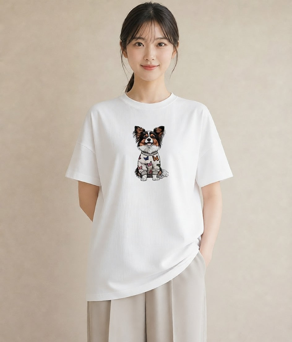 グラフィックTシャツ レディース パピヨン 犬 いぬ イラスト カジュアル 散歩 お出かけ 白T