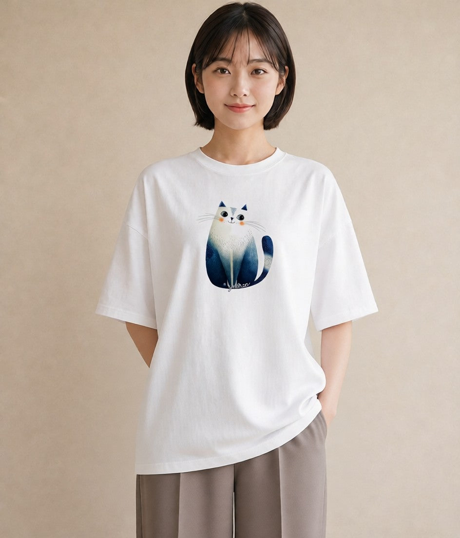 グラフィックTシャツ レディース ニャンコ 猫 ねこ イラスト ラフカジュアル デート 帰省 白T