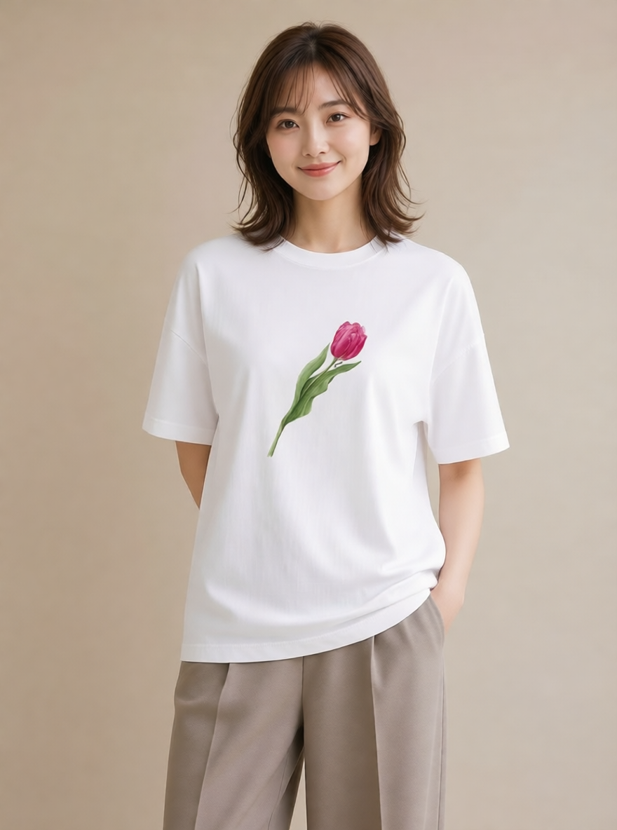 プリントTシャツ レディース チューリップ 花 花柄 イラスト 手描き風 カフェ服 クリスマス 白T