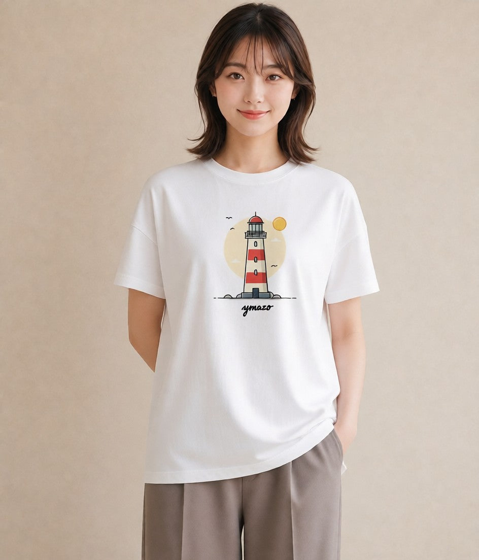 グラフィックTシャツ レディース 灯台 霧 海 ナチュラル アンティーク イラスト 韓国風 カフェ巡り 女子会 白T