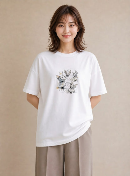 プリントTシャツ レディース シャム柄 猫 ねこ イラスト 線画 女性向けギフト 散歩 白T
