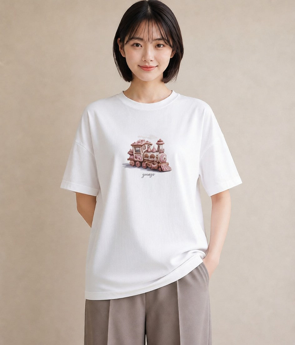 半袖Tシャツ レディース 駅のホーム ローカル線 駅 ナチュラル アンティーク イラスト ミニマル 自分用 ルームウェア 白T