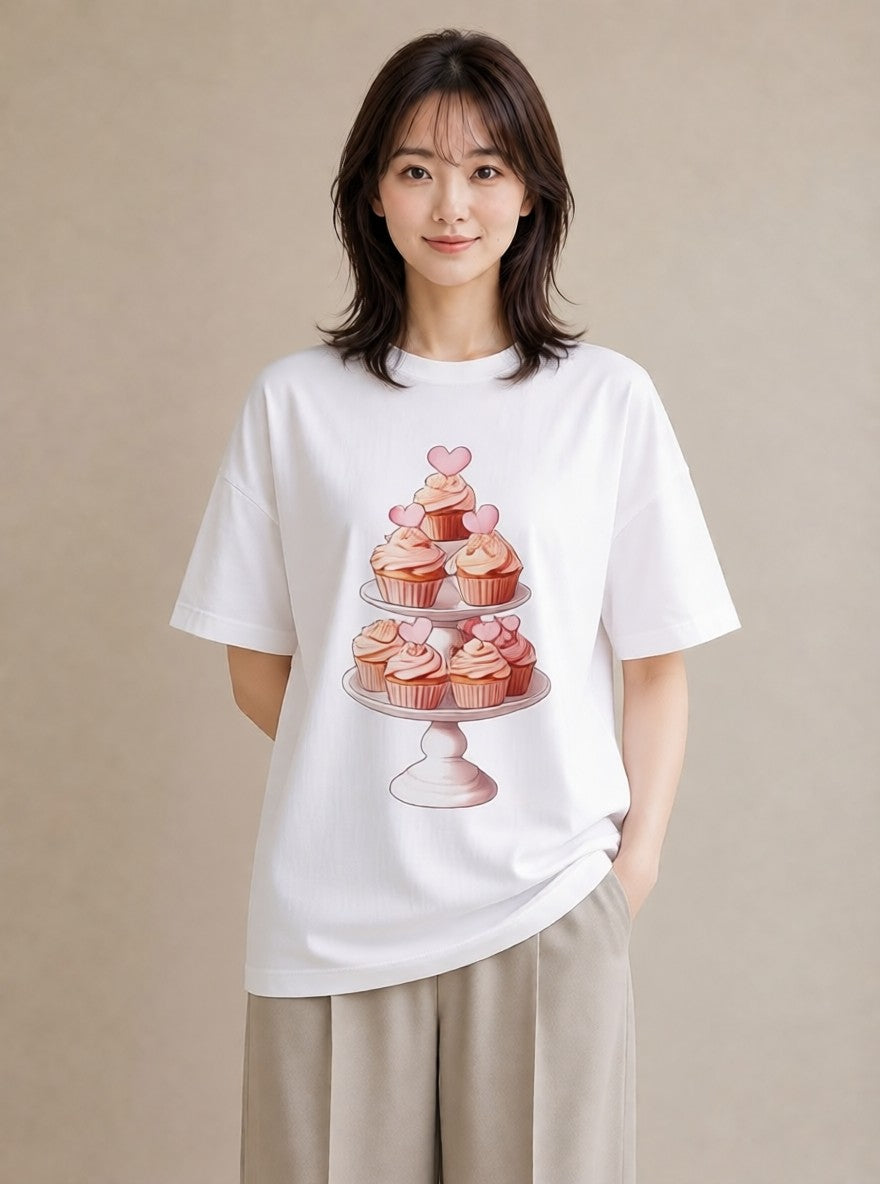 半袖Tシャツ レディース マフィン 食べ物 フード イラスト ニュアンス 公園 ママ 白T