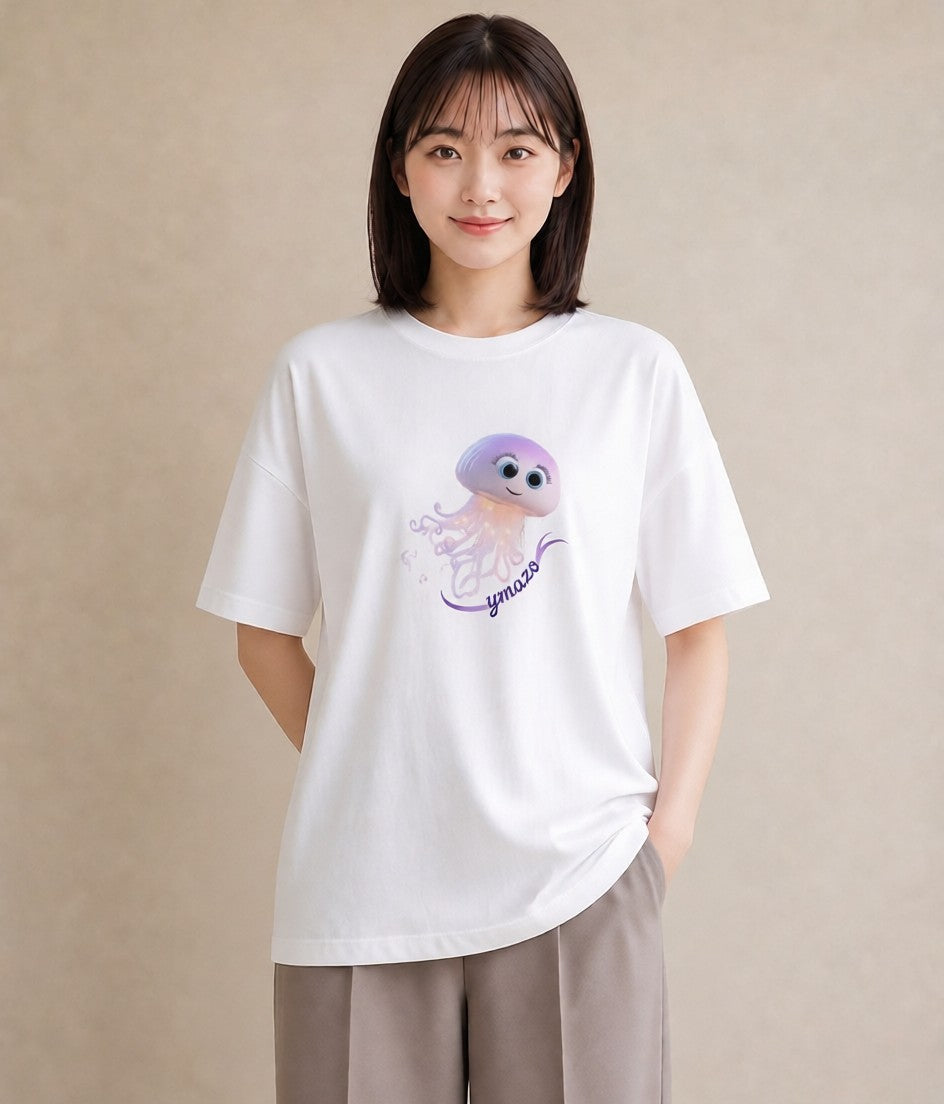 グラフィックTシャツ レディース イカ 海の生き物 海 イラスト ナチュラル 夏コーデ 通学 白T