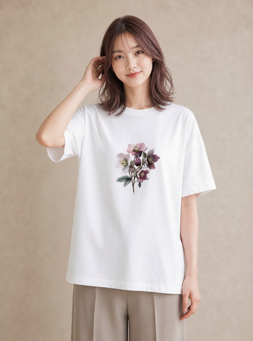半袖Tシャツ レディース スミレ 花 花柄 イラスト 水彩風 敬老の日 ホワイトデー 白T