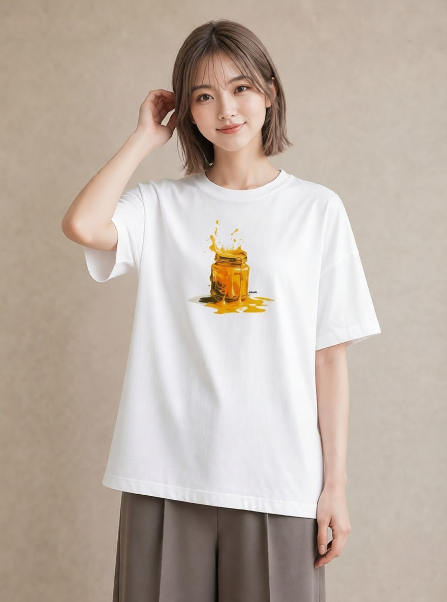 グラフィックTシャツ レディース ハニー 食べ物 フード イラスト ラフ 休日 ペアコーデ 白T