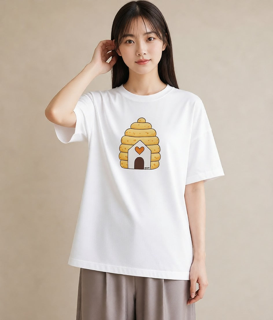 プリントTシャツ レディース ハニー 食べ物 フード イラスト 韓国風 買い物 夏コーデ 白T