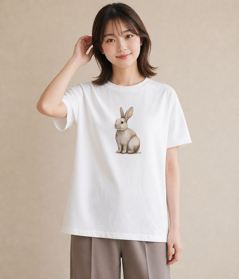 半袖Tシャツ レディース ネザーランドドワーフ ペット 動物 イラスト 手描き風 社会人 女性 白T