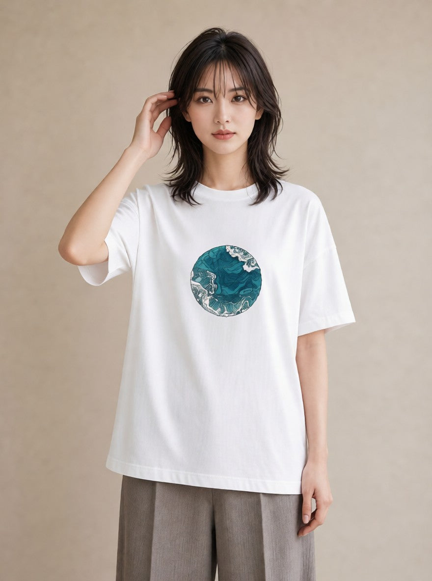 デザインTシャツ レディース 海 星空 宇宙 イラスト ラフカジュアル ママ カフェ服 白T