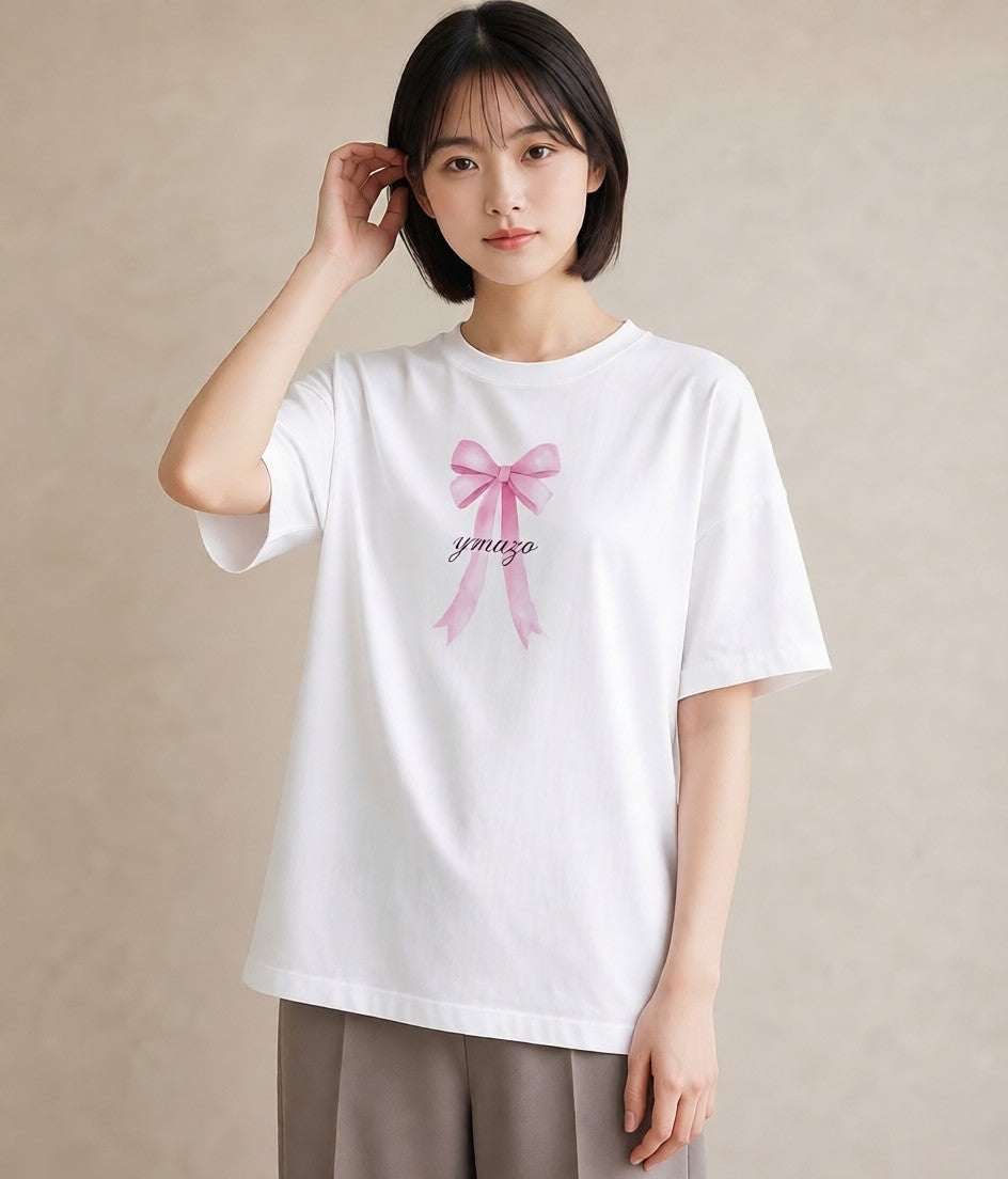 半袖Tシャツ レディース リボン 蝶結び ナチュラル アンティーク イラスト ポップ 母娘コーデ 自分用 白T