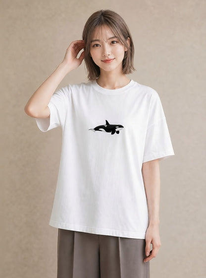 グラフィックTシャツ レディース シャチ 海の生き物 海 イラスト お洒落 普段着 週末コーデ 白T