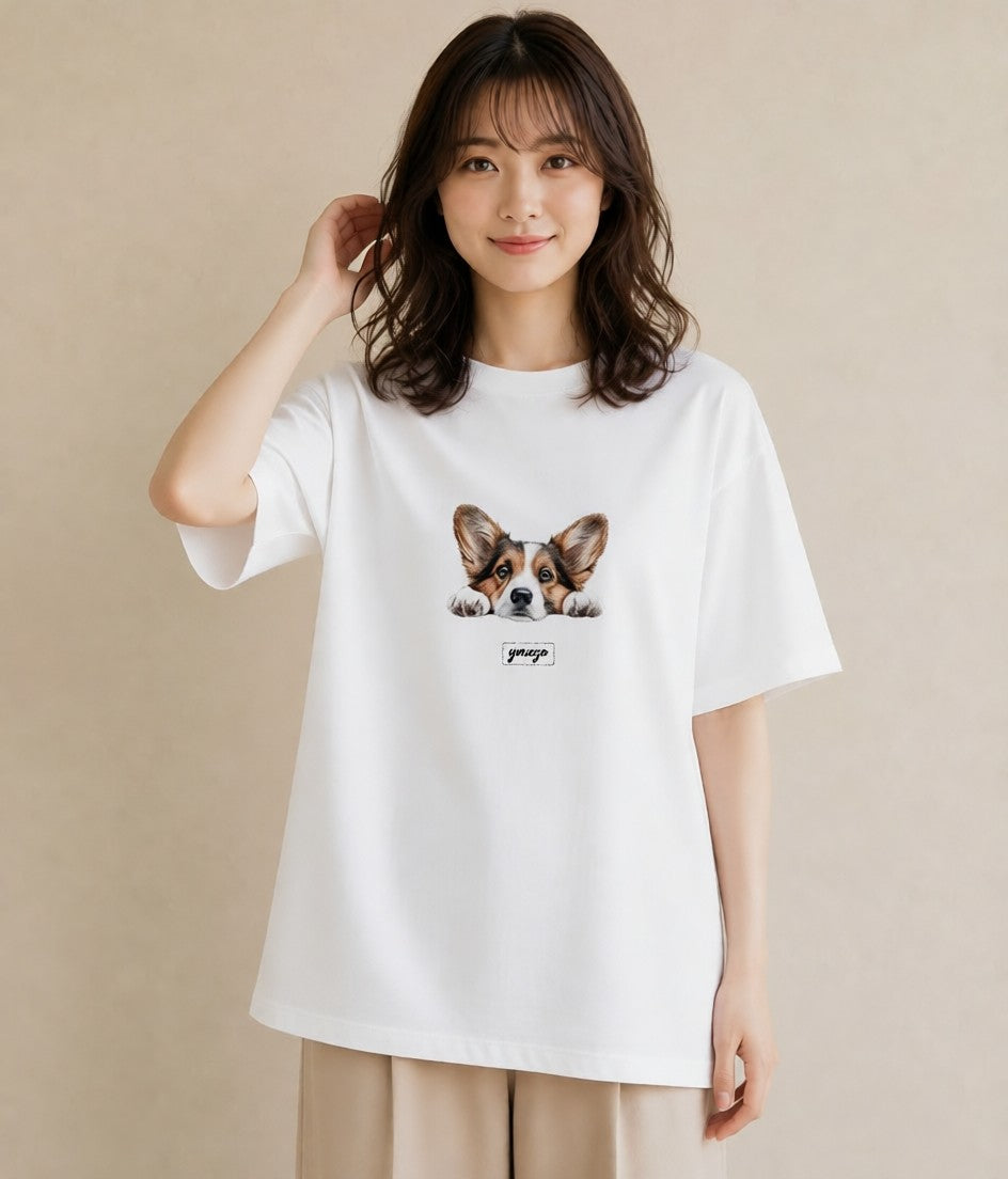 プリントTシャツ レディース ウェルシュコーギー コーギー 犬 いぬ イラスト ラフ 散歩 お出かけ 白T