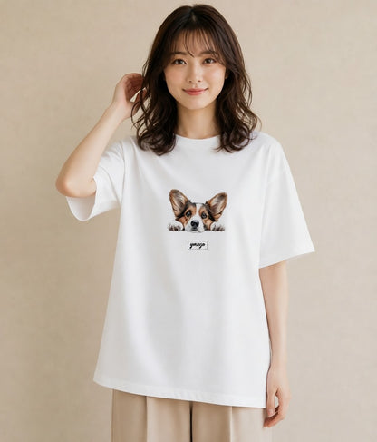 プリントTシャツ レディース ウェルシュコーギー コーギー 犬 いぬ イラスト ラフ 散歩 お出かけ 白T