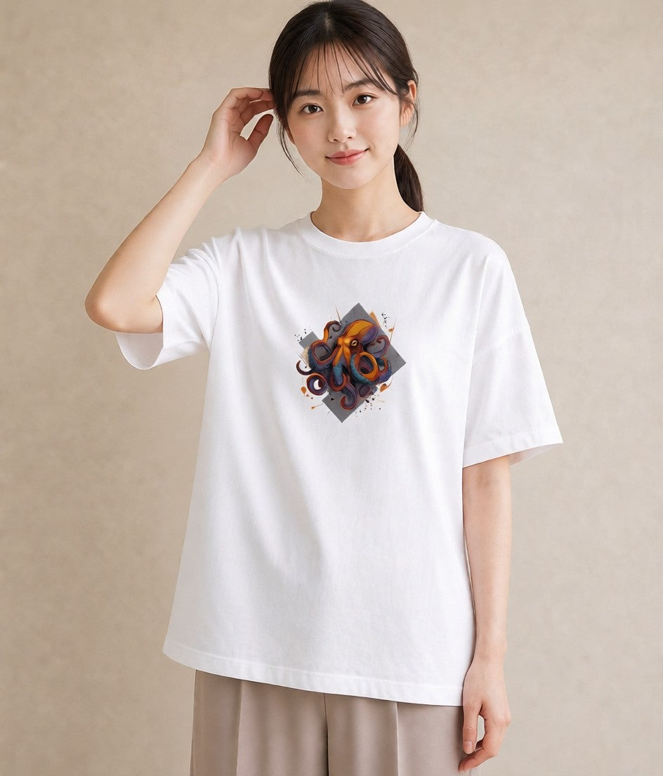 半袖Tシャツ レディース タコ 海の生き物 海 イラスト 普段使い デート 帰省 白T