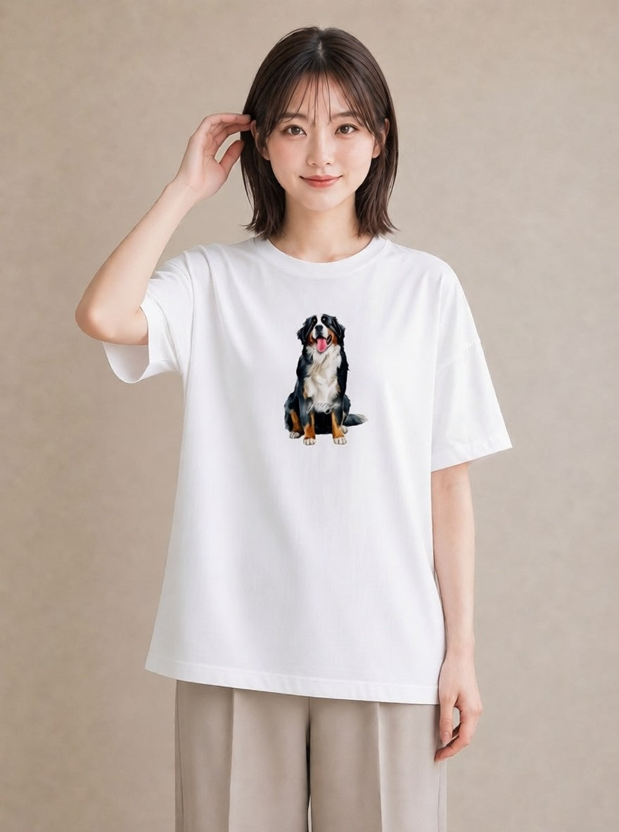 デザインTシャツ レディース バーニーズマウンテンドッグ 犬 いぬ イラスト レトロ ラフ レイヤード 白T