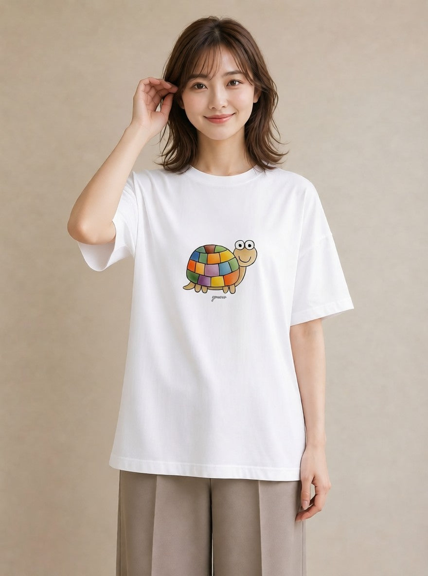 半袖Tシャツ レディース カメ ペット 動物 イラスト 普段使い 女子会 お揃い 白T
