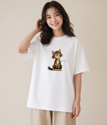 Tシャツ レディース 茶トラ 茶猫 猫 ねこ イラスト ボタニカル カジュアルコーデ 買い物 白T