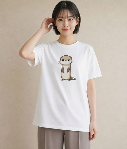 グラフィックTシャツ レディース フェレット ペット 動物 イラスト カフェコーデ 買い物 夏コーデ 白T