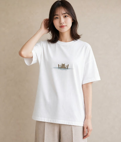 グラフィックTシャツ レディース 桟橋 水辺 波止場 ナチュラル アンティーク イラスト 韓国風 お出かけ 普段着 白T