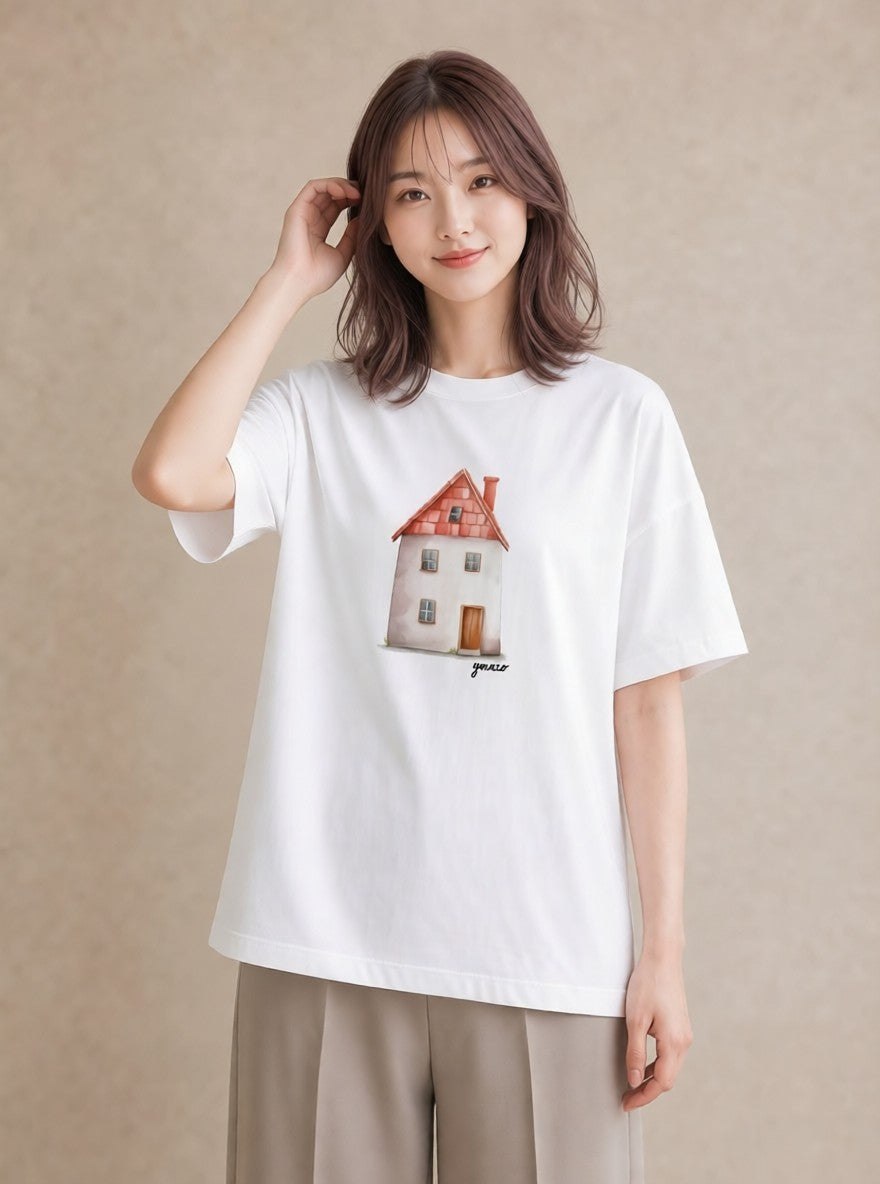 Tシャツ レディース 夕暮れ バルコニー 夕焼け ナチュラル アンティーク イラスト ボタニカル 部屋着 女性向けギフト 白T
