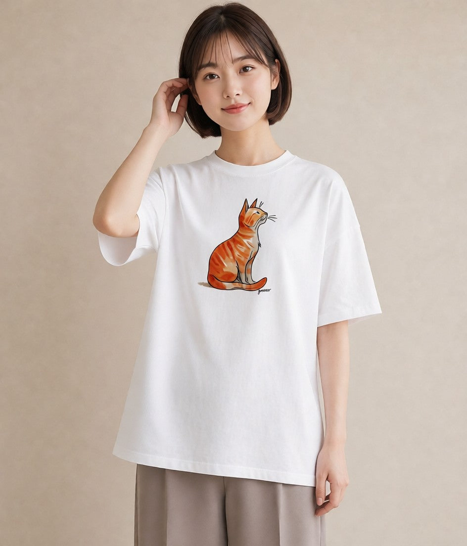 グラフィックTシャツ レディース 猫好き 猫 ねこ イラスト 韓国風 休日 ペアコーデ 白T