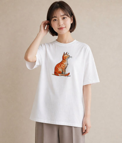 グラフィックTシャツ レディース 猫好き 猫 ねこ イラスト 韓国風 休日 ペアコーデ 白T