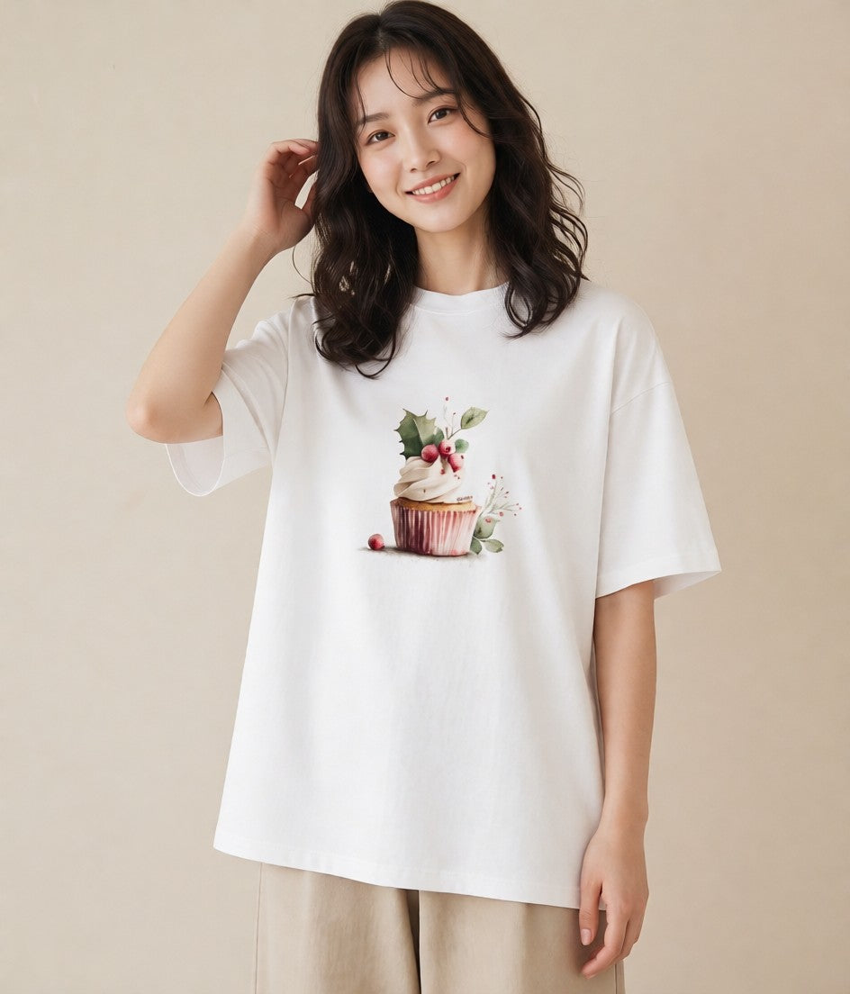 半袖Tシャツ レディース マフィン 食べ物 フード イラスト 線画 部屋着 女性向けギフト 白T