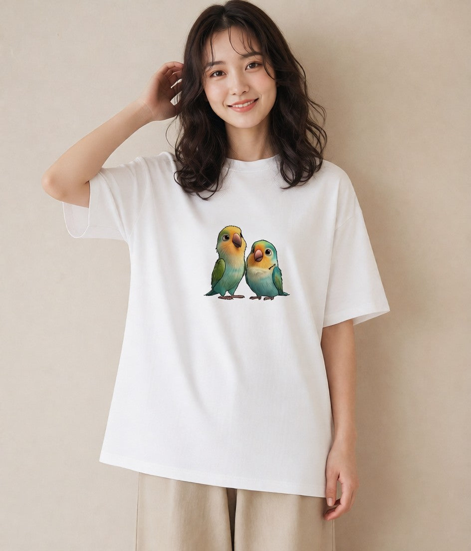 半袖Tシャツ レディース コザクラインコ ペット 動物 イラスト ラフ デイリーウェア 休日 白T