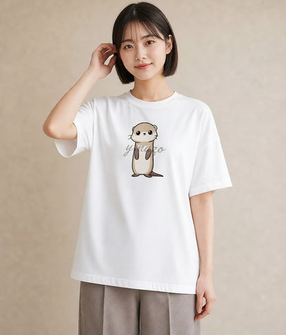 半袖Tシャツ レディース コツメカワウソ 動物 アニマル イラスト シンプル 普段着 週末コーデ 白T