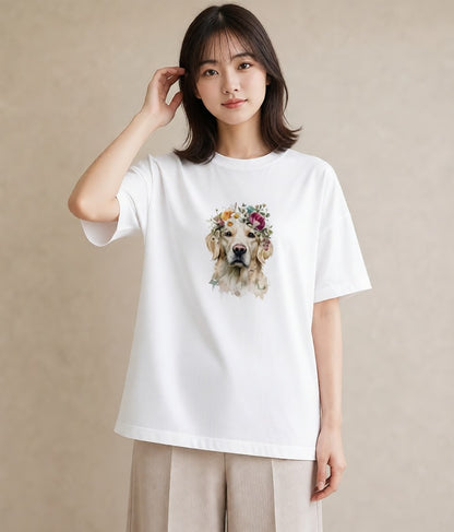 半袖Tシャツ レディース ゴールデンレトリバー ゴールデン 犬 いぬ イラスト シック 帰省 ラフ 白T