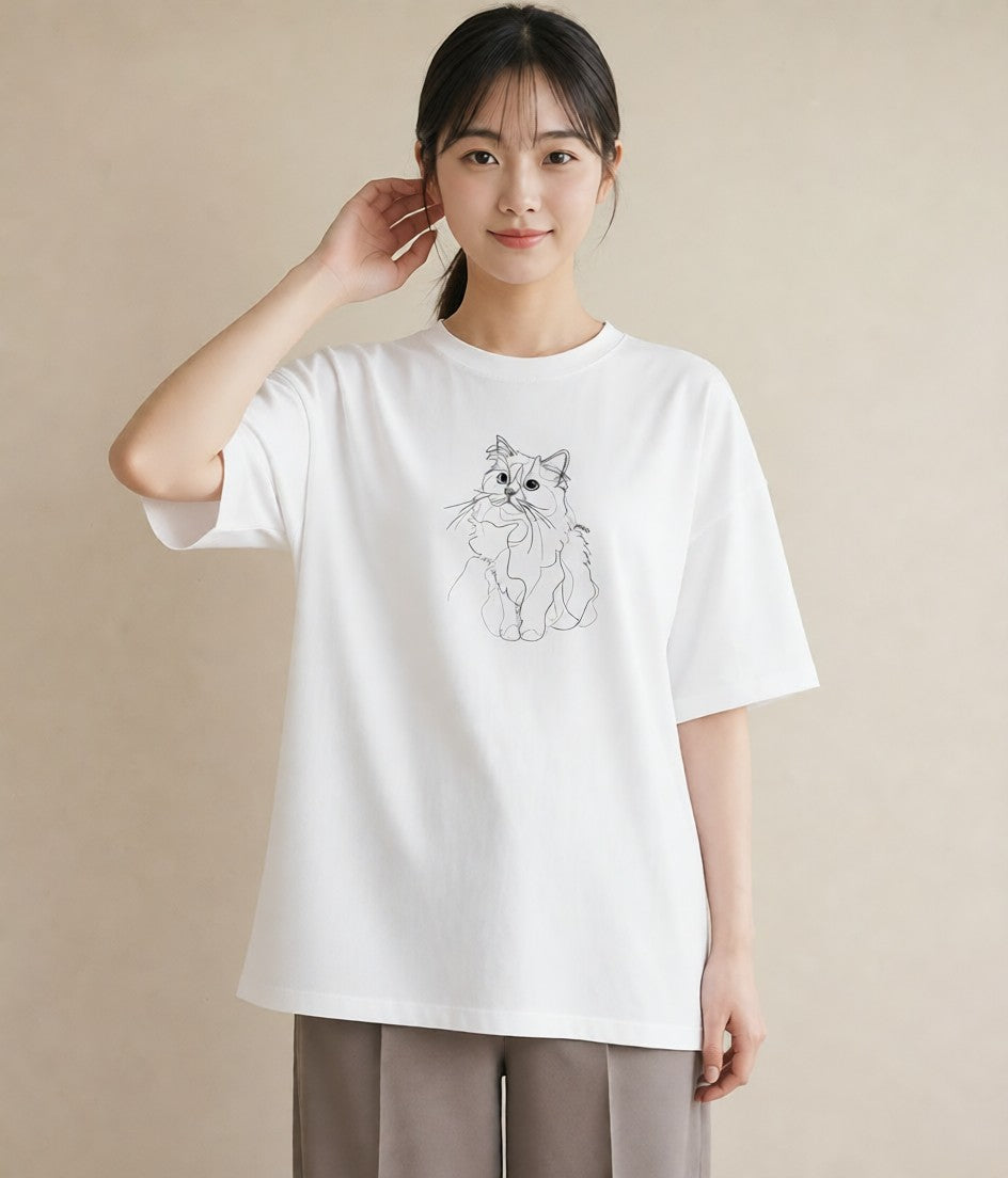 半袖Tシャツ レディース 猫 ねこ ネコ イラスト ポップ 買い物 夏コーデ 白T