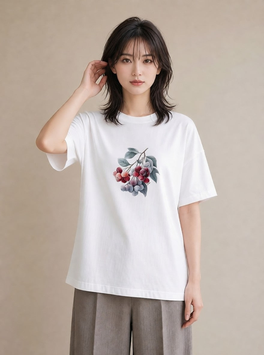 プリントTシャツ レディース さくらんぼ チェリー 食べ物 フード イラスト きれいめカジュアル 自分用 ルームウェア 白T