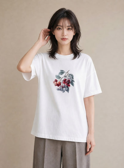 プリントTシャツ レディース さくらんぼ チェリー 食べ物 フード イラスト きれいめカジュアル 自分用 ルームウェア 白T