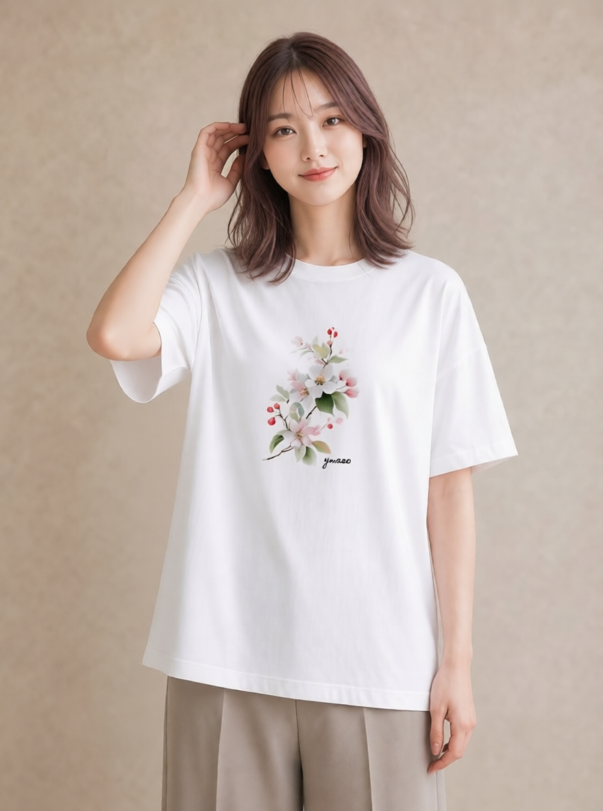 半袖Tシャツ レディース 梅 花 花柄 イラスト こなれ感 母娘コーデ 自分用 白T