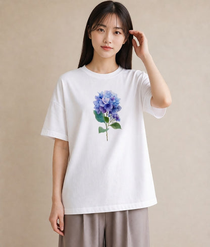 プリントTシャツ レディース あじさい 紫陽花 アジサイ 花 花柄 イラスト 上品 友達ギフト 部屋着 白T