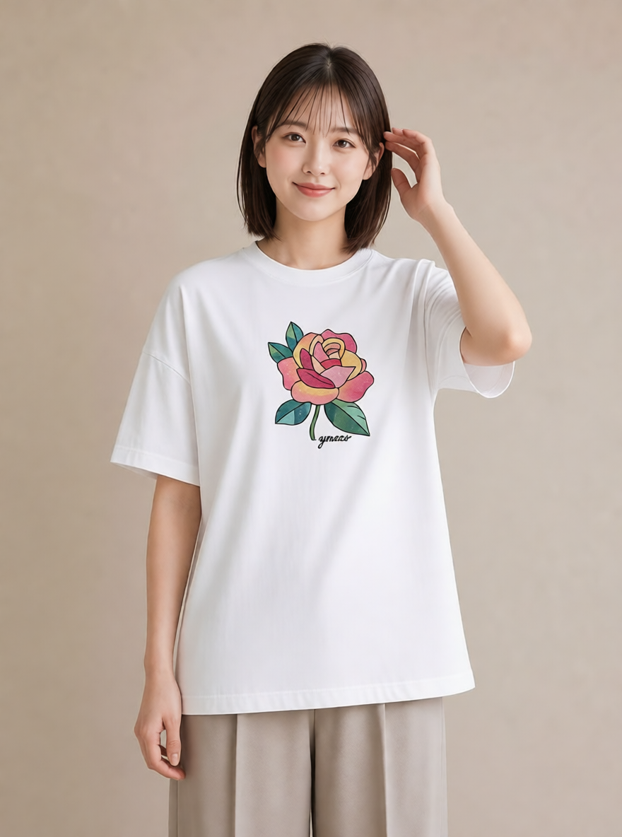 Tシャツ レディース バラ 薔薇 ローズ 花 花柄 イラスト ヴィンテージ風 レイヤード 友達ギフト 白T